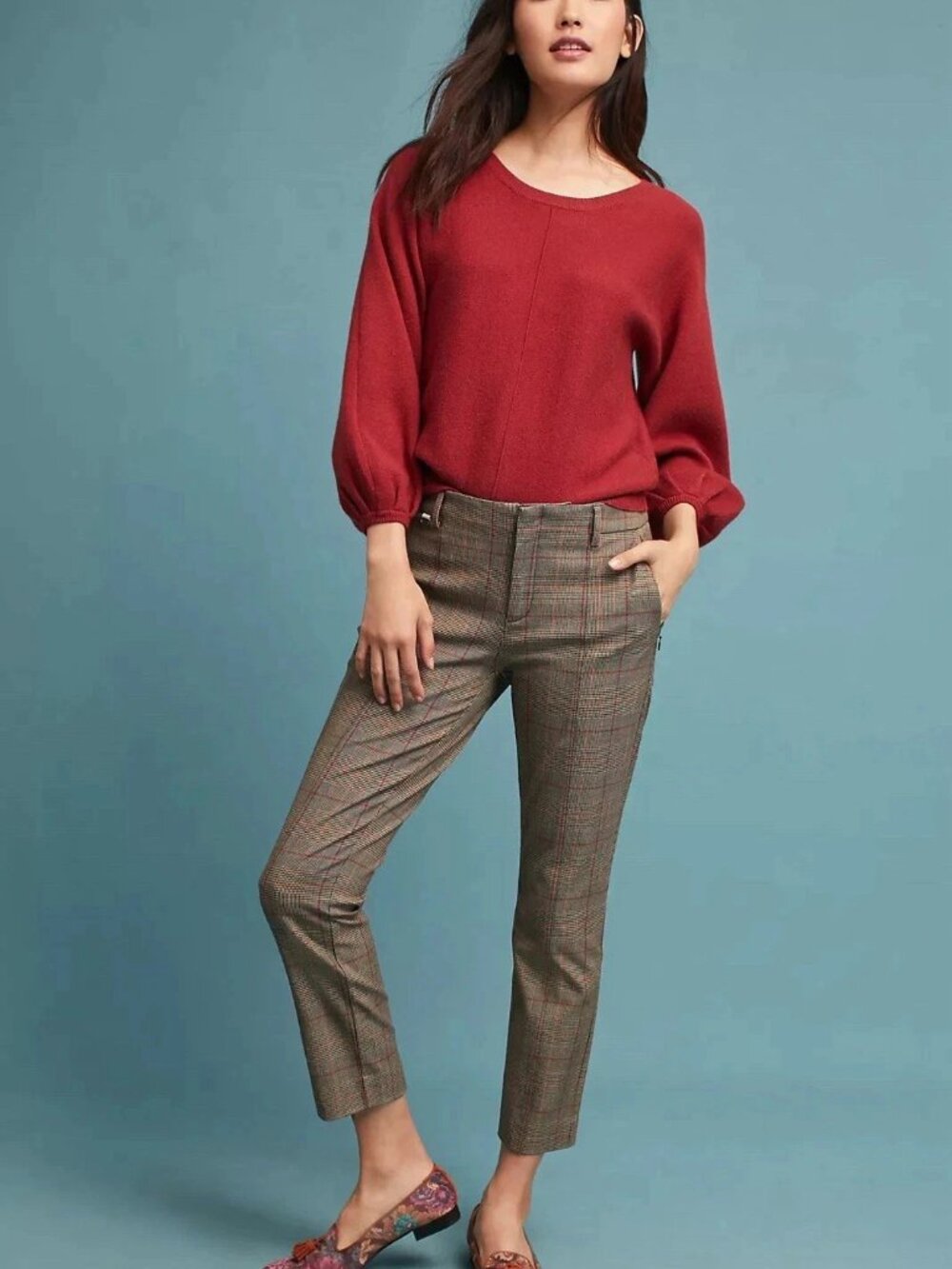 By Anthropologie The Essential Slim Trousers Size 4 Brown Burgundy Glen Plaid